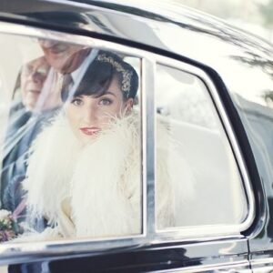 bride in vintage wedding car sydney